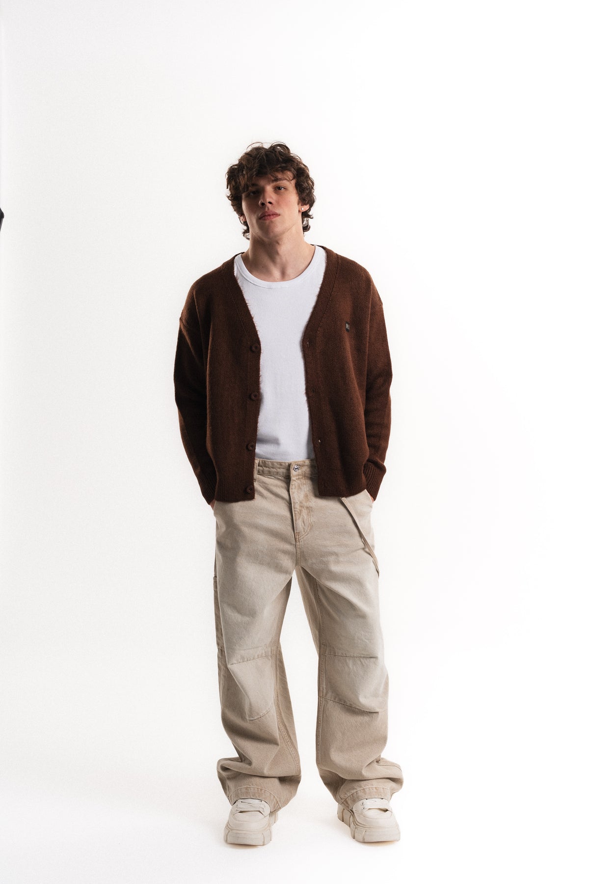 Oversize V Yaka Şardonlu Hırka - Kahverengi