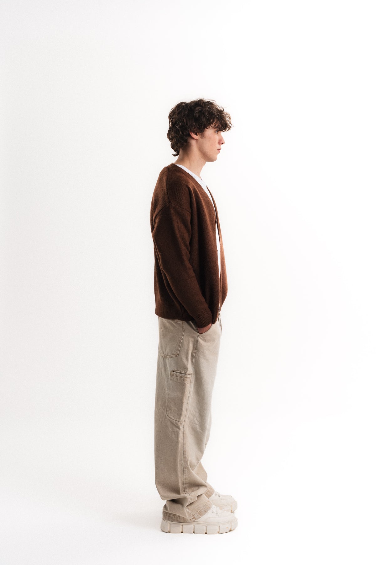 Oversize V Yaka Şardonlu Hırka - Kahverengi