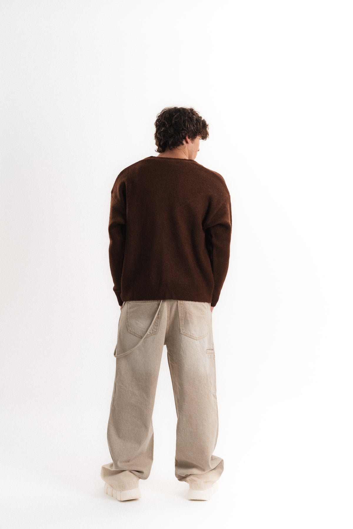 Oversize V Yaka Şardonlu Hırka - Kahverengi