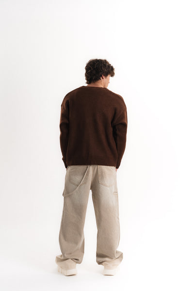 Oversize V Yaka Şardonlu Hırka - Kahverengi