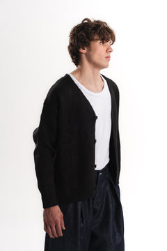 Oversize V Yaka Şardonlu Hırka - Siyah