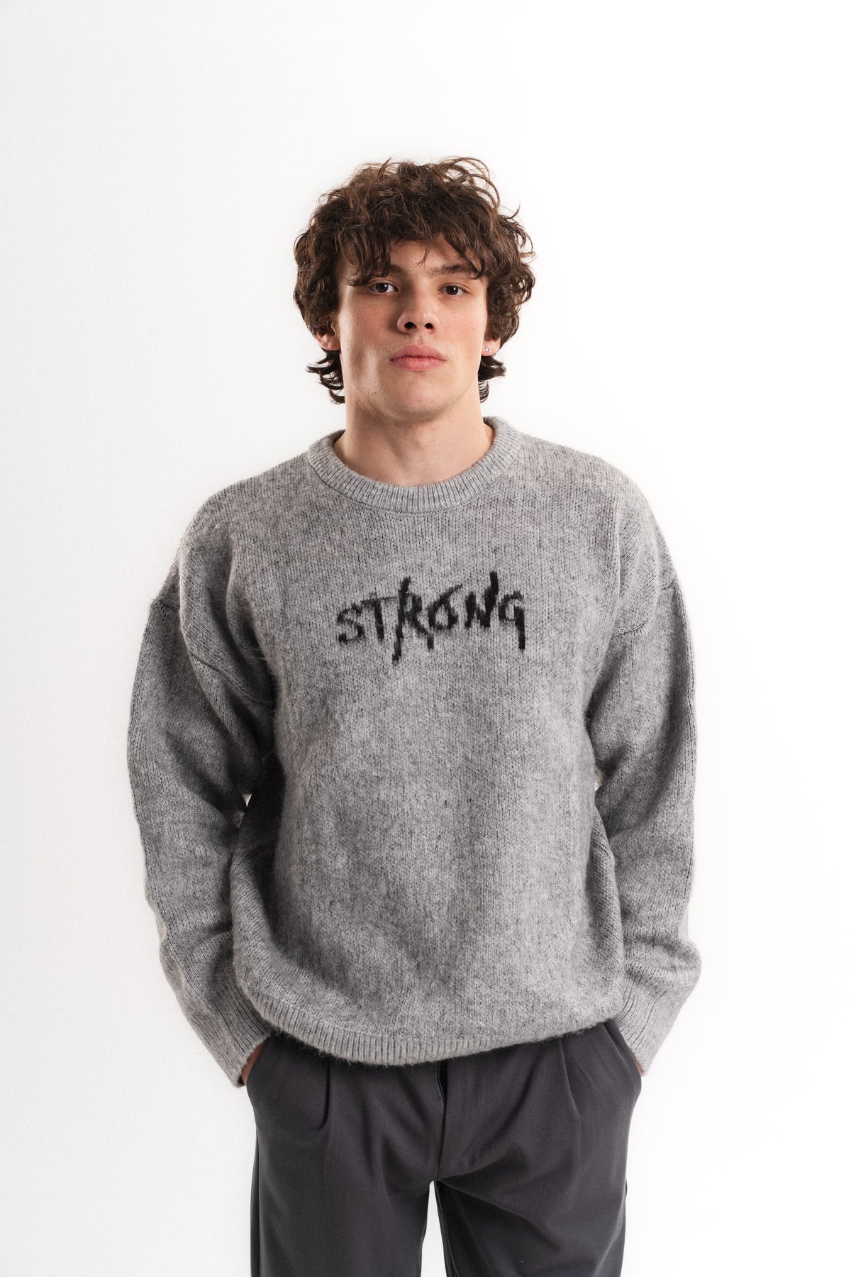 Oversize Bisiklet Yaka Triko Gri