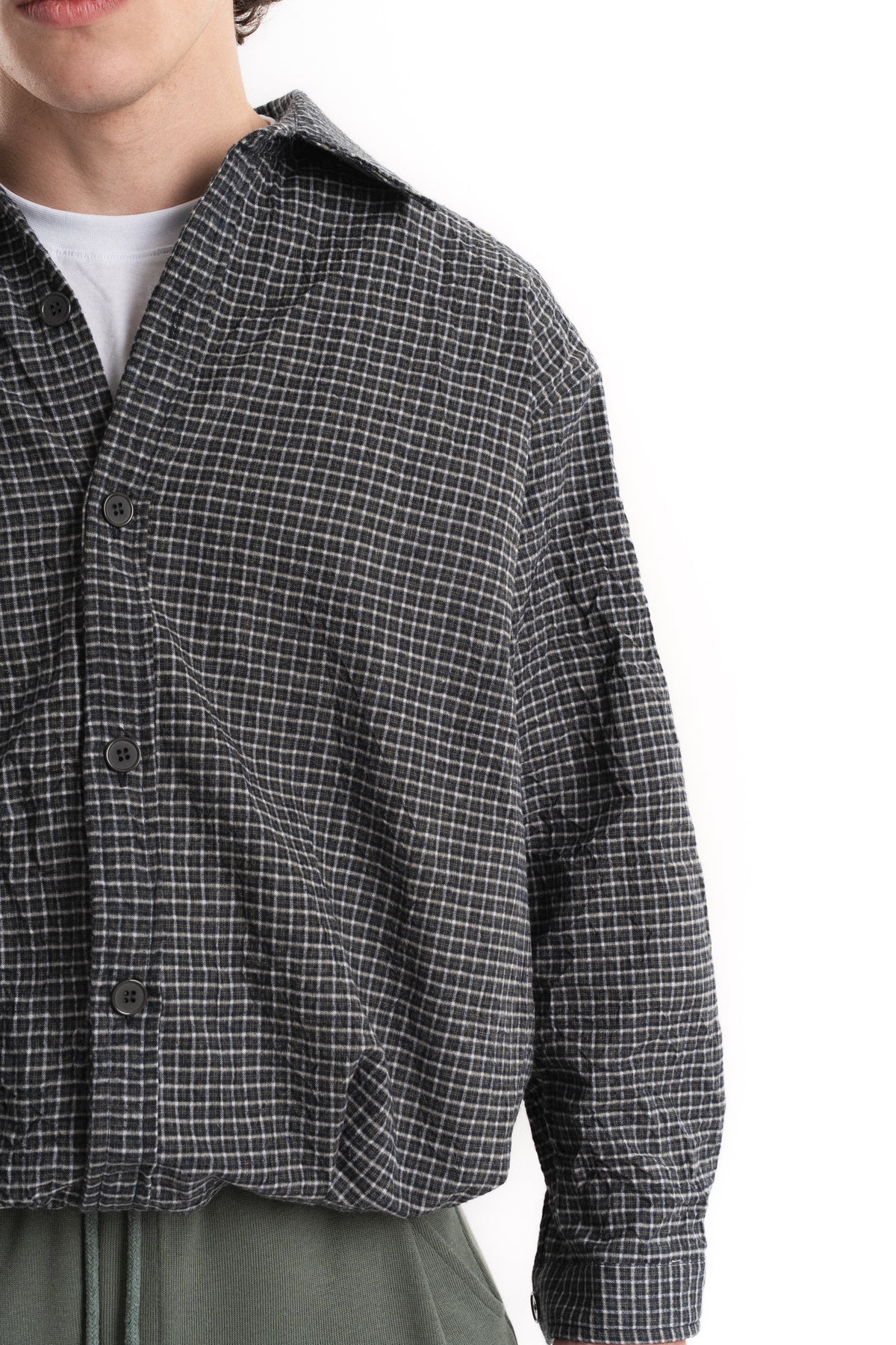 Kareli Oversize Crop Kraş Gömlek - Antrasit