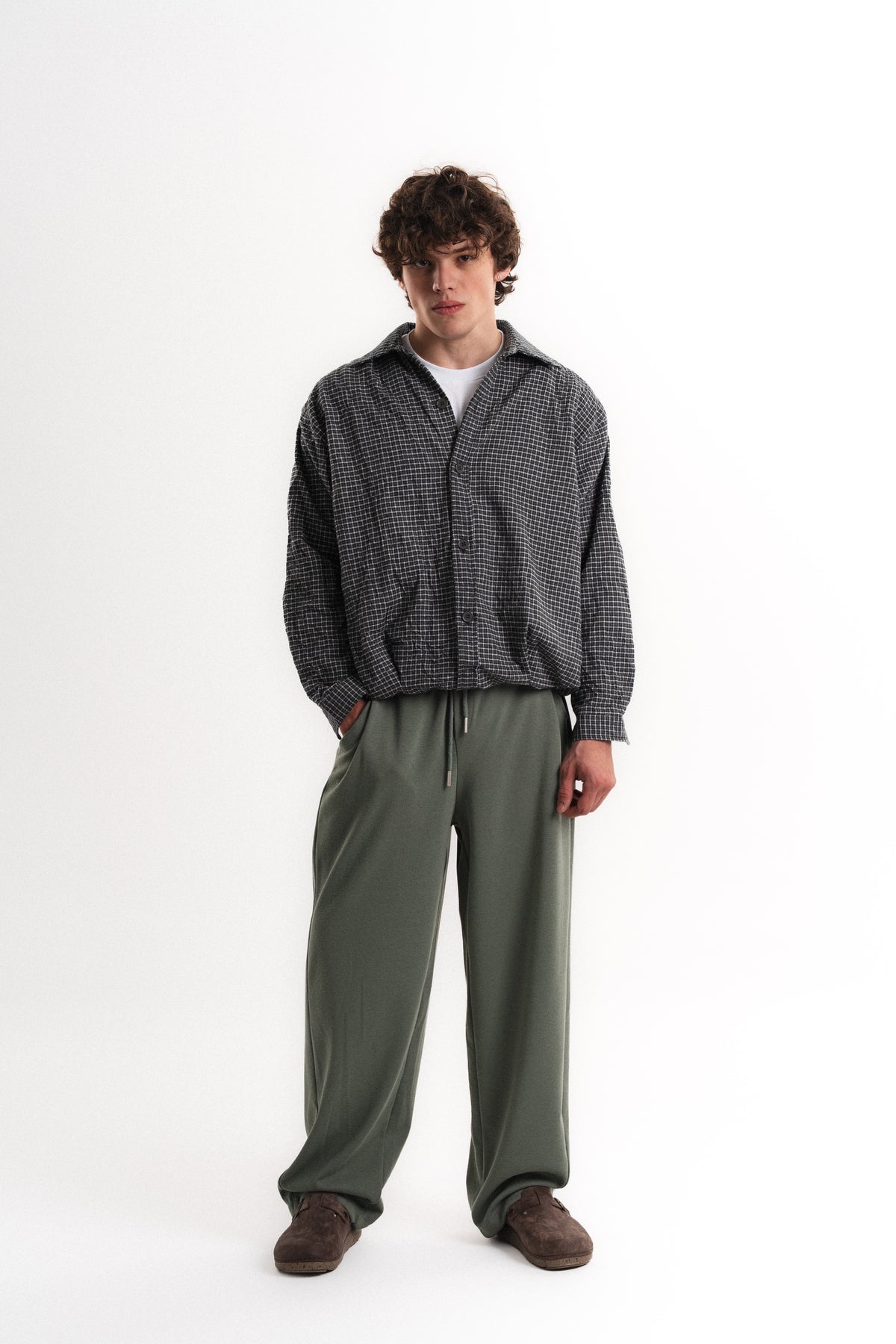 Kareli Oversize Crop Kraş Gömlek - Antrasit