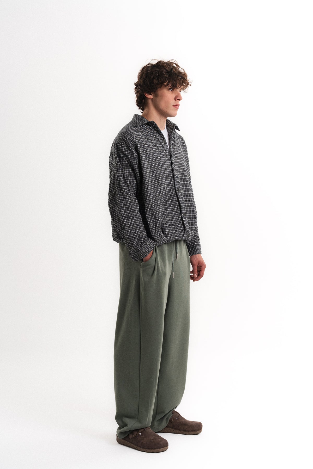 Kareli Oversize Crop Kraş Gömlek - Antrasit
