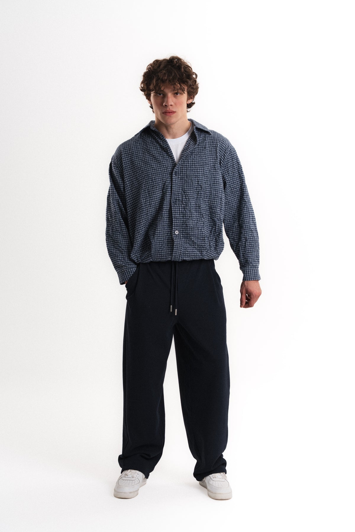 Kareli Oversize Crop Kraş Gömlek - Mavi
