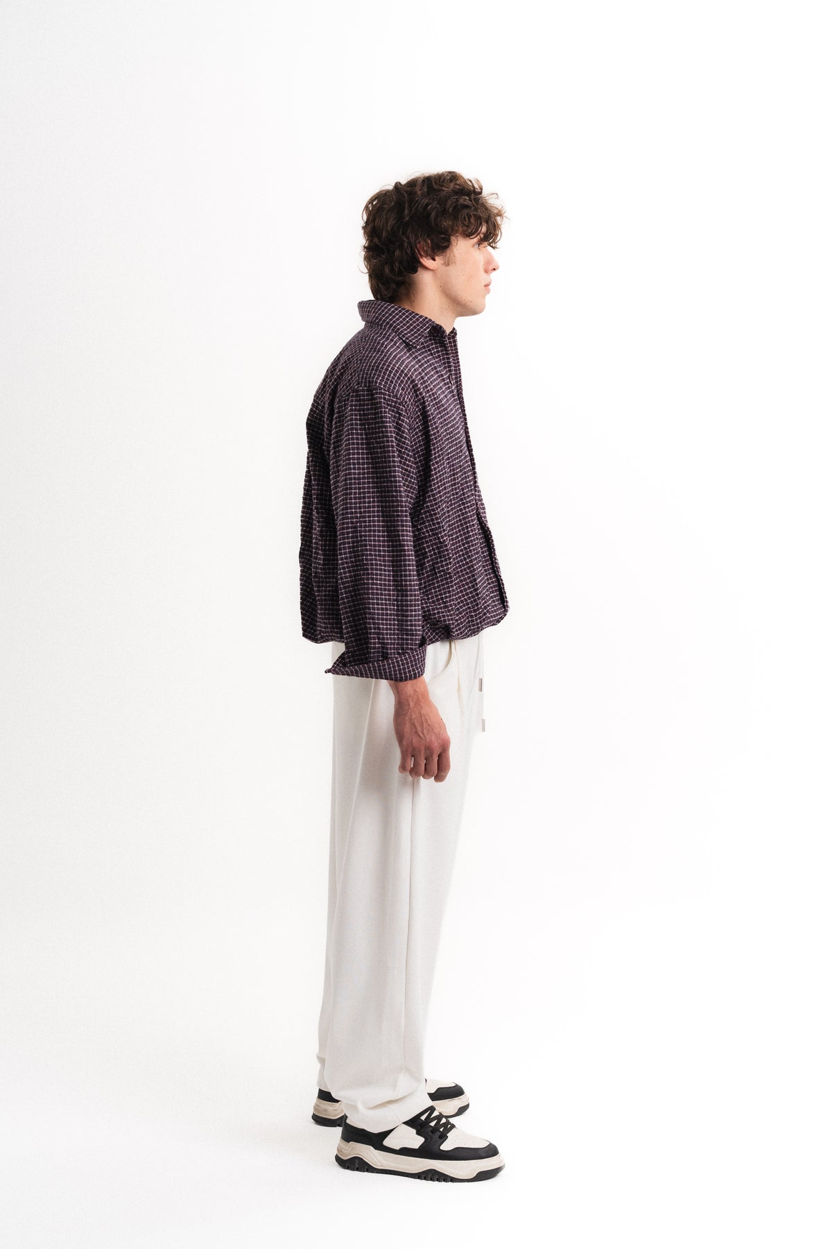 Kareli Oversize Crop Kraş Gömlek - Mürdüm