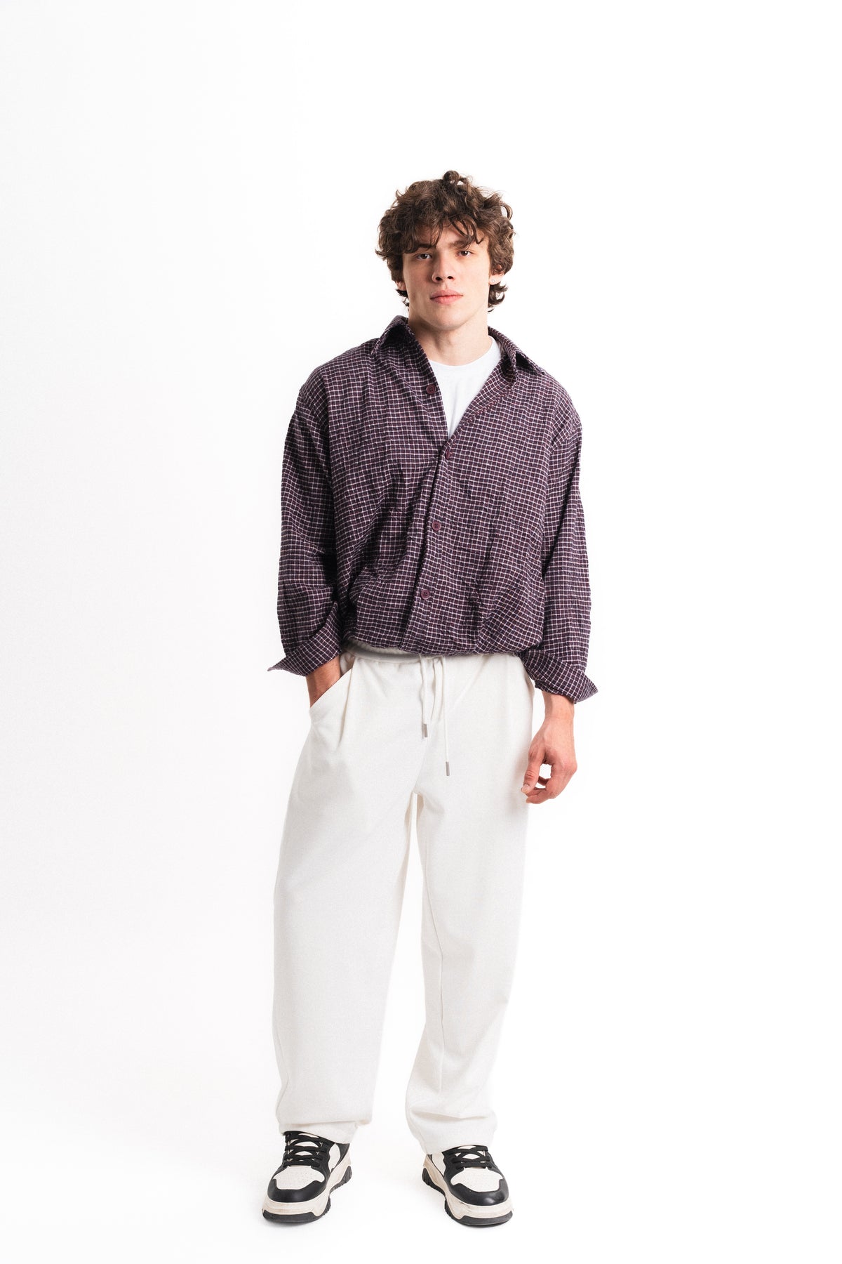 Kareli Oversize Crop Kraş Gömlek - Mürdüm
