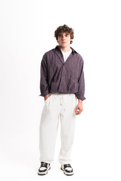 Kareli Oversize Crop Kraş Gömlek - Mürdüm