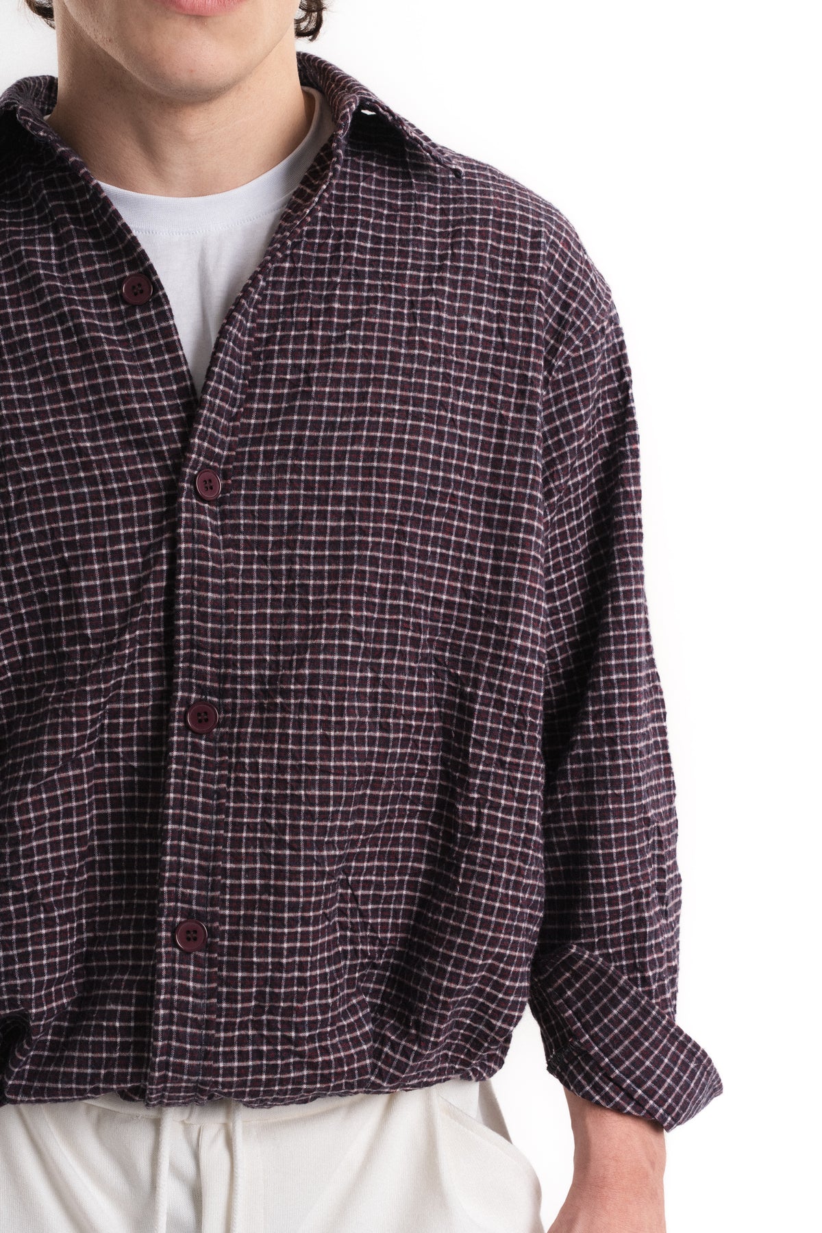 Kareli Oversize Crop Kraş Gömlek - Mürdüm