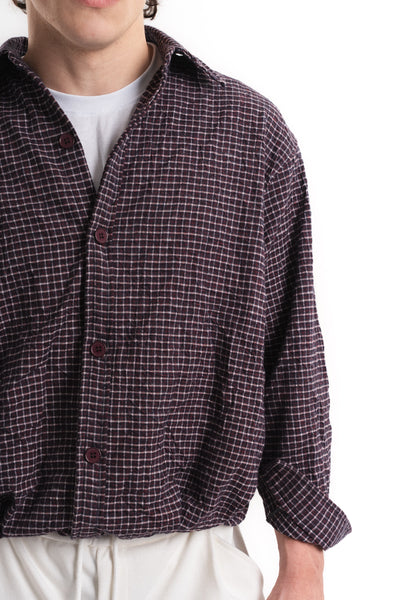 Kareli Oversize Crop Kraş Gömlek - Mürdüm
