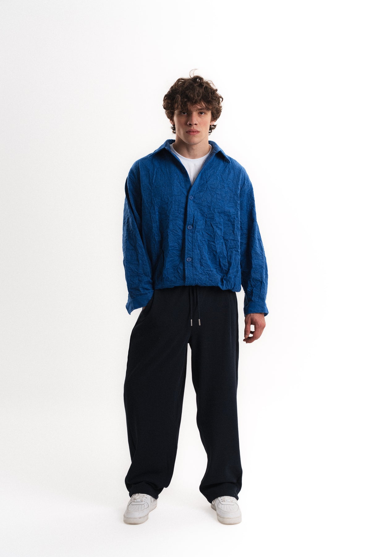 Oversize Crop Kraş Gömlek - Saks Mavisi