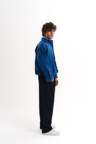 Oversize Crop Kraş Gömlek - Saks Mavisi