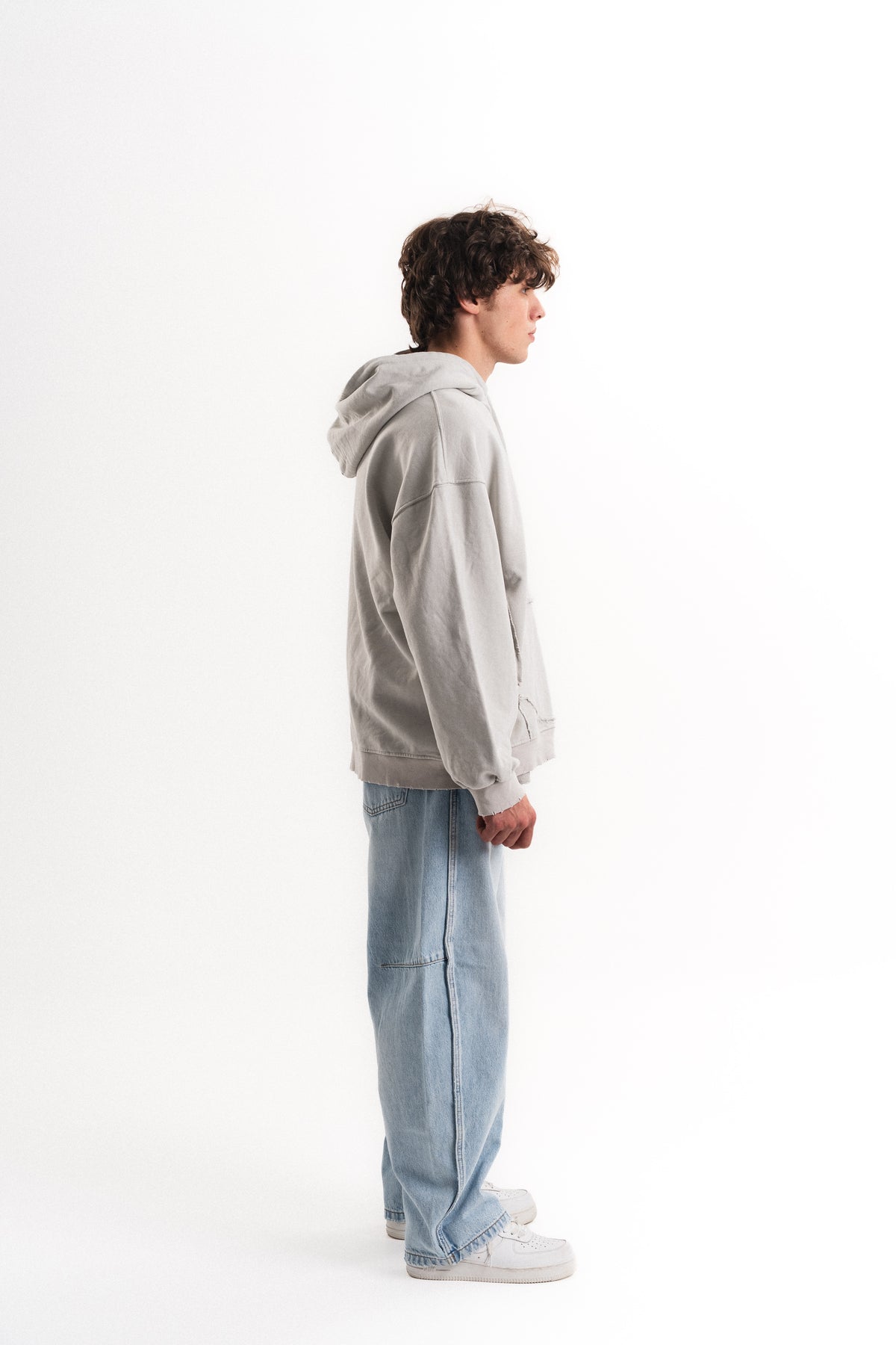 Yarım Fermuarlı Oversize Kapüşonlu Sweatshirt - Açık Gri