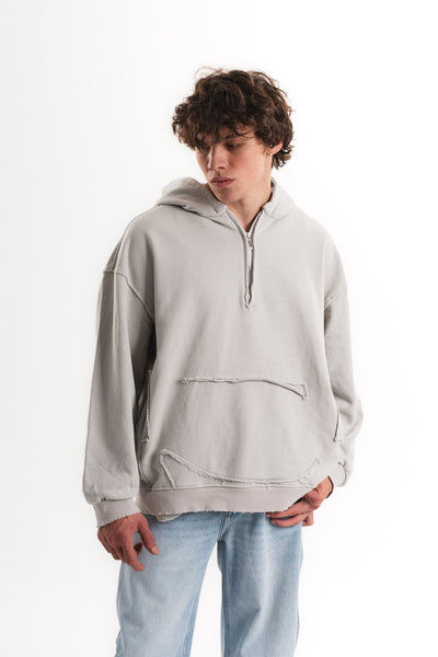 Yarım Fermuarlı Oversize Kapüşonlu Sweatshirt - Açık Gri