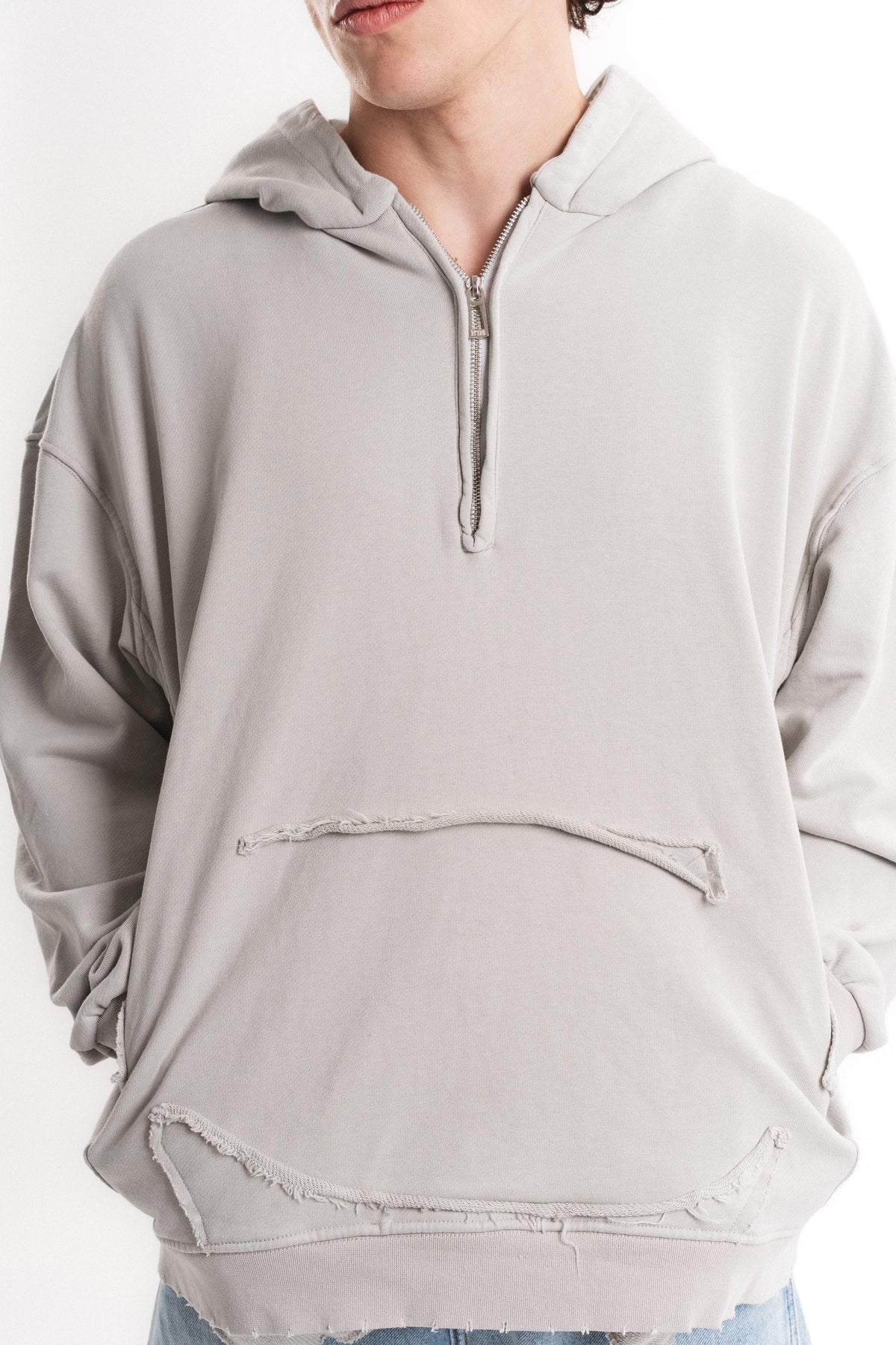 Yarım Fermuarlı Oversize Kapüşonlu Sweatshirt - Açık Gri