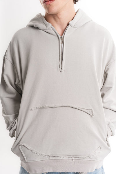 Yarım Fermuarlı Oversize Kapüşonlu Sweatshirt - Açık Gri