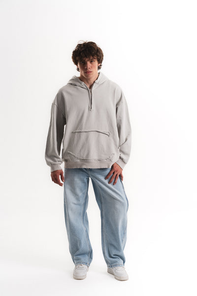 Yarım Fermuarlı Oversize Kapüşonlu Sweatshirt - Açık Gri
