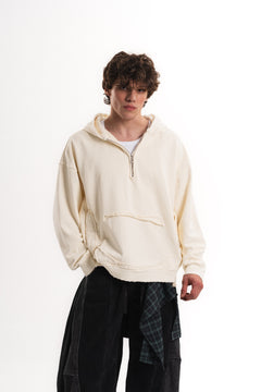 Yarım Fermuarlı Oversize Kapüşonlu Sweatshirt - Ekru