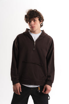 Yarım Fermuarlı Oversize Kapüşonlu Sweatshirt - Kahverengi