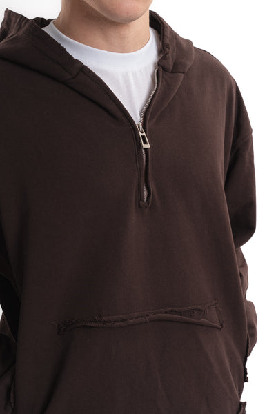 Yarım Fermuarlı Oversize Kapüşonlu Sweatshirt - Kahverengi