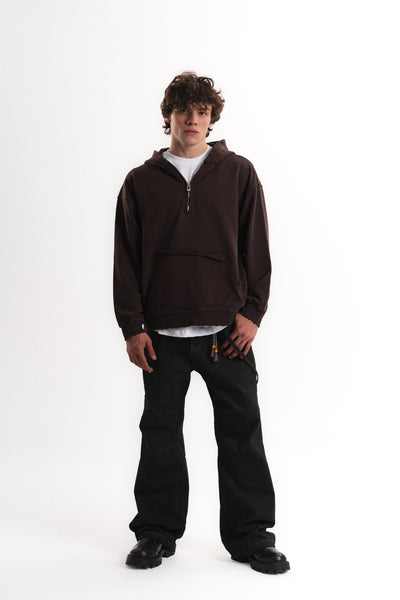 Yarım Fermuarlı Oversize Kapüşonlu Sweatshirt - Kahverengi
