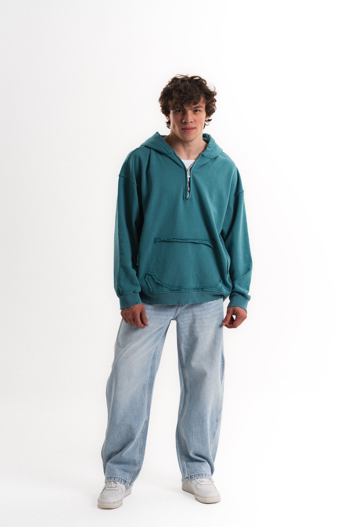 Yarım Fermuarlı Oversize Kapüşonlu Sweatshirt - Petrol
