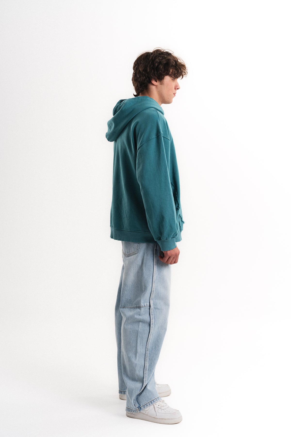 Yarım Fermuarlı Oversize Kapüşonlu Sweatshirt - Petrol