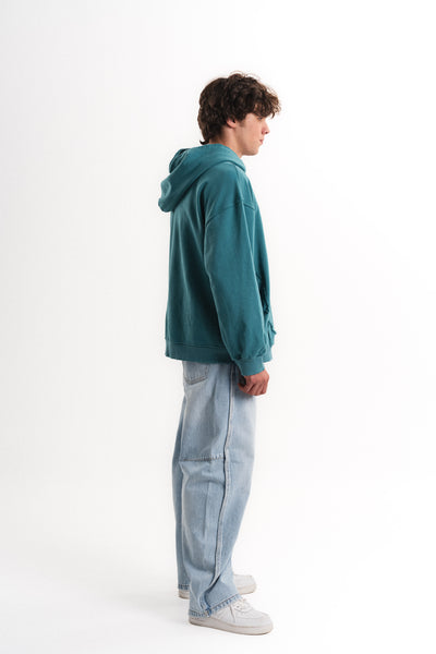 Yarım Fermuarlı Oversize Kapüşonlu Sweatshirt - Petrol