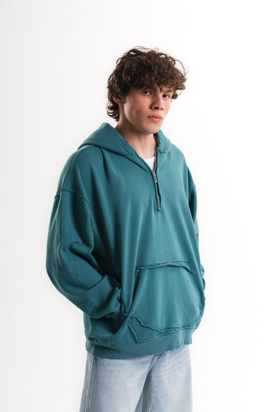 Yarım Fermuarlı Oversize Kapüşonlu Sweatshirt - Petrol