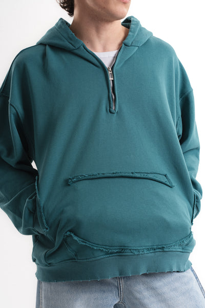 Yarım Fermuarlı Oversize Kapüşonlu Sweatshirt - Petrol