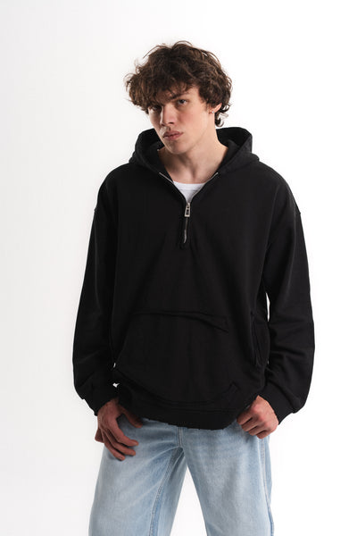 Yarım Fermuarlı Oversize Kapüşonlu Sweatshirt - Siyah