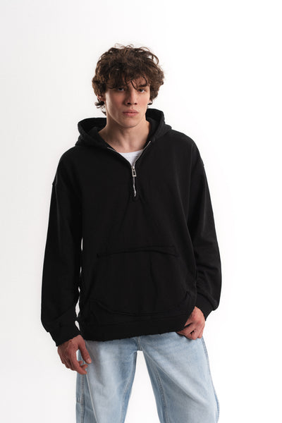 Yarım Fermuarlı Oversize Kapüşonlu Sweatshirt - Siyah