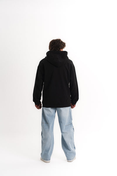 Yarım Fermuarlı Oversize Kapüşonlu Sweatshirt - Siyah