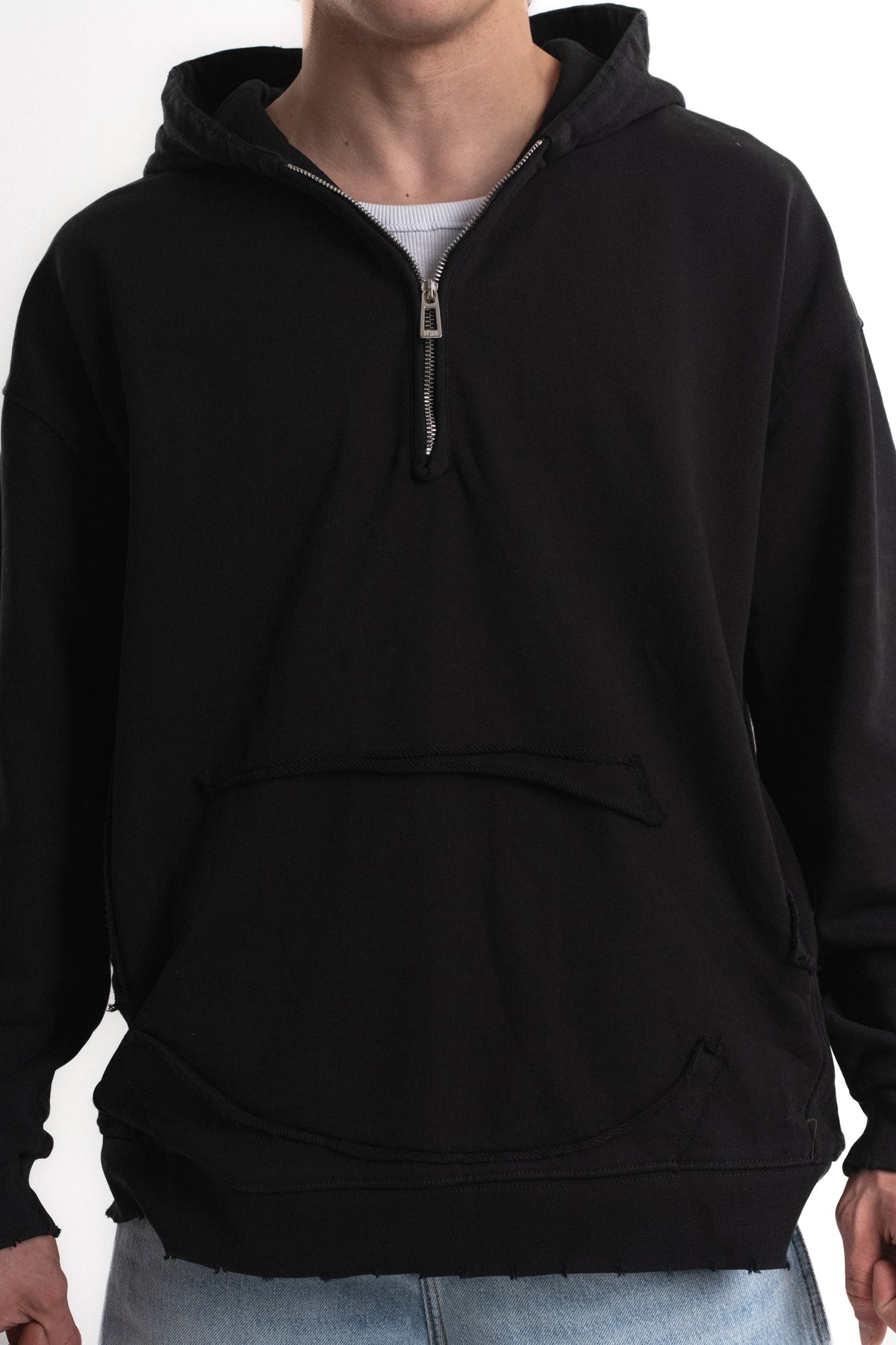 Yarım Fermuarlı Oversize Kapüşonlu Sweatshirt - Siyah