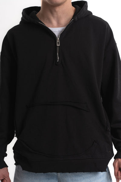Yarım Fermuarlı Oversize Kapüşonlu Sweatshirt - Siyah