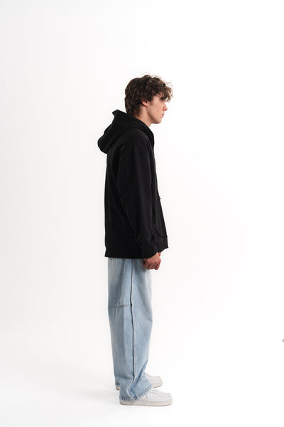 Yarım Fermuarlı Oversize Kapüşonlu Sweatshirt - Siyah