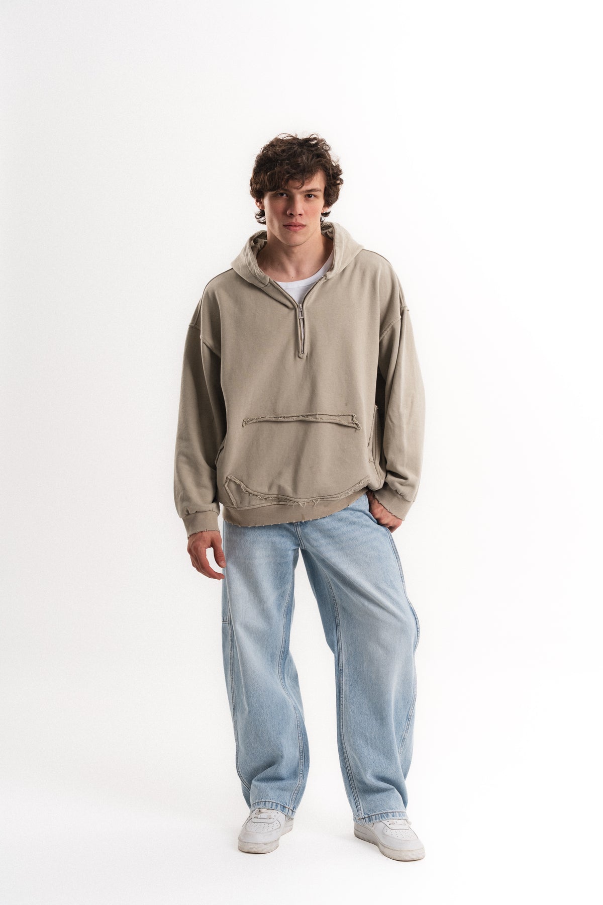 Yarım Fermuarlı Oversize Kapüşonlu Sweatshirt - Taş