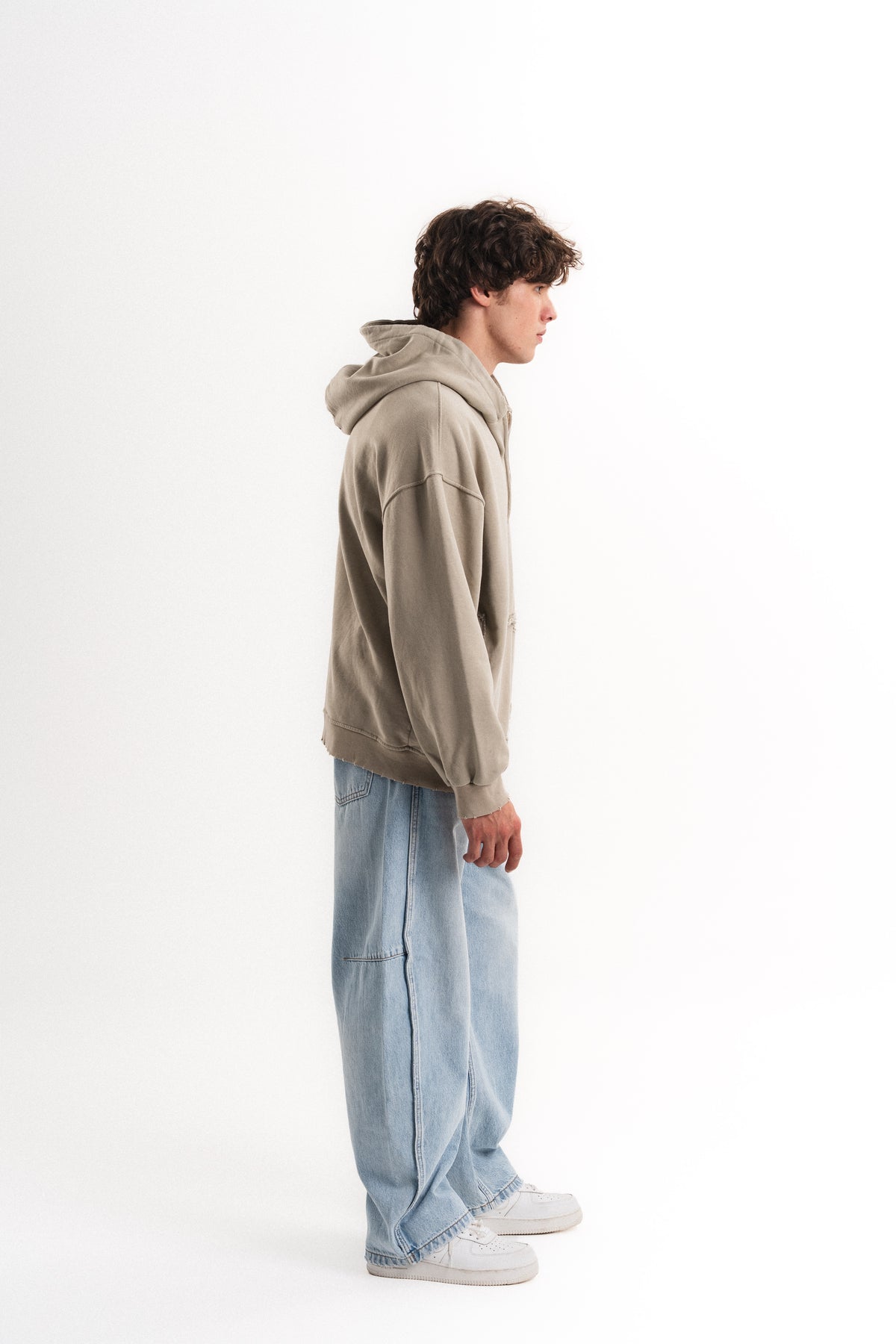 Yarım Fermuarlı Oversize Kapüşonlu Sweatshirt - Taş