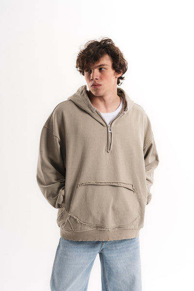 Yarım Fermuarlı Oversize Kapüşonlu Sweatshirt - Taş