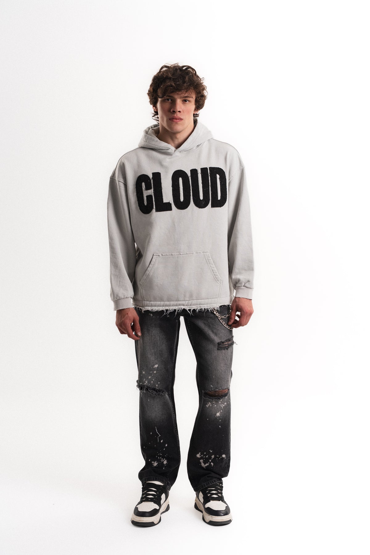 Nakışlı Oversize Kapüşonlu Sweatshirt - Açık Gri