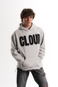 Nakışlı Oversize Kapüşonlu Sweatshirt - Açık Gri