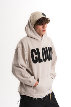 Nakışlı Oversize Kapüşonlu Sweatshirt - Bej