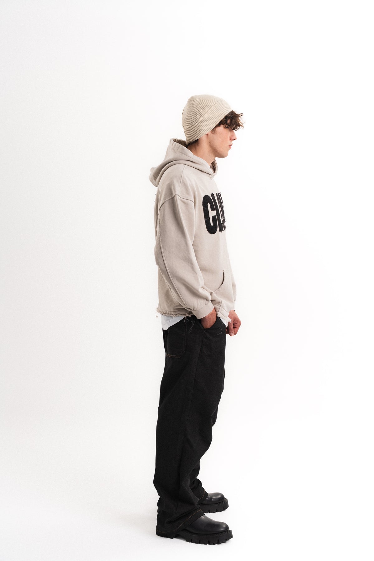 Nakışlı Oversize Kapüşonlu Sweatshirt - Bej