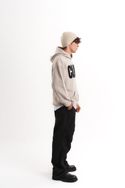 Nakışlı Oversize Kapüşonlu Sweatshirt - Bej
