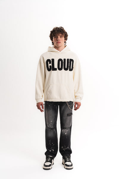 Nakışlı Oversize Kapüşonlu Sweatshirt - Ekru
