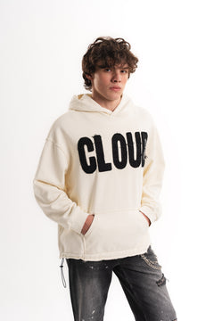 Nakışlı Oversize Kapüşonlu Sweatshirt - Ekru