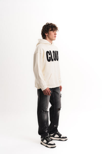 Nakışlı Oversize Kapüşonlu Sweatshirt - Ekru