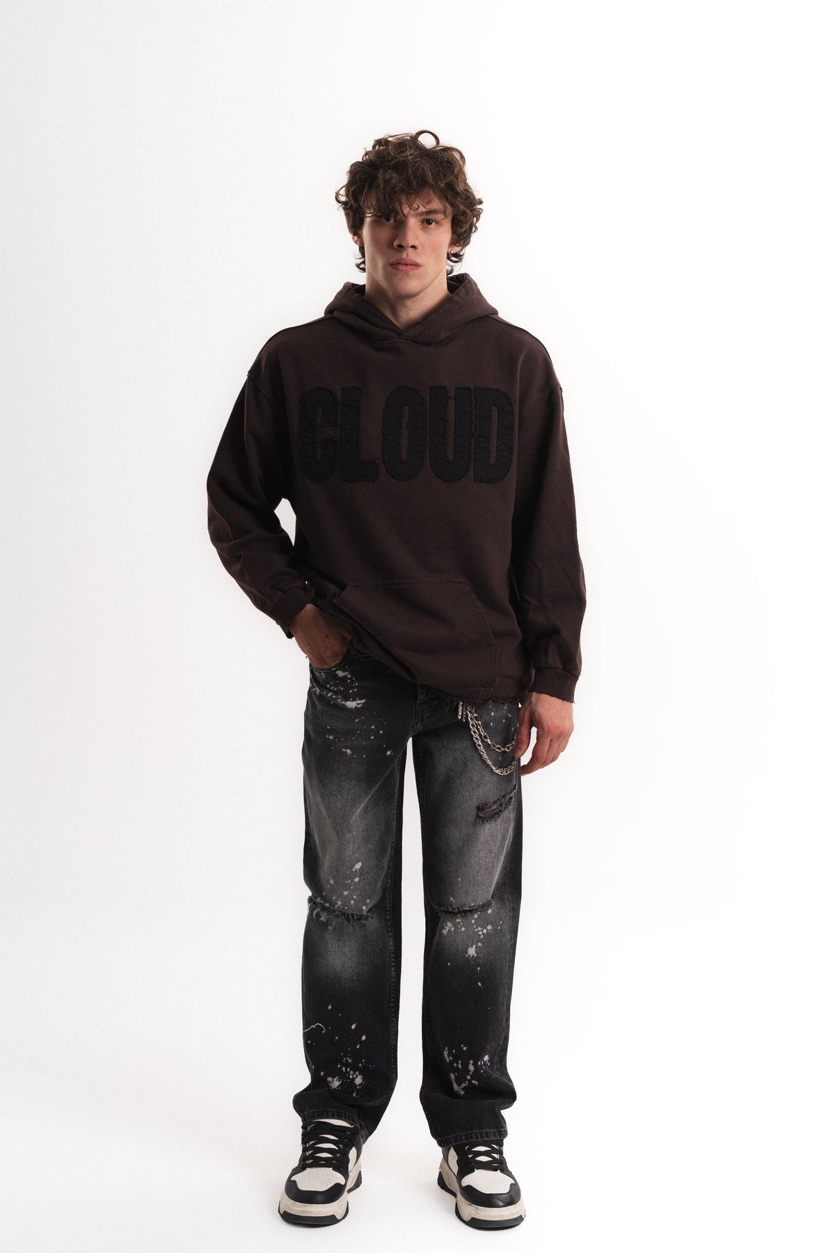 Nakışlı Oversize Kapüşonlu Sweatshirt - Kahverengi