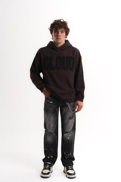 Nakışlı Oversize Kapüşonlu Sweatshirt - Kahverengi